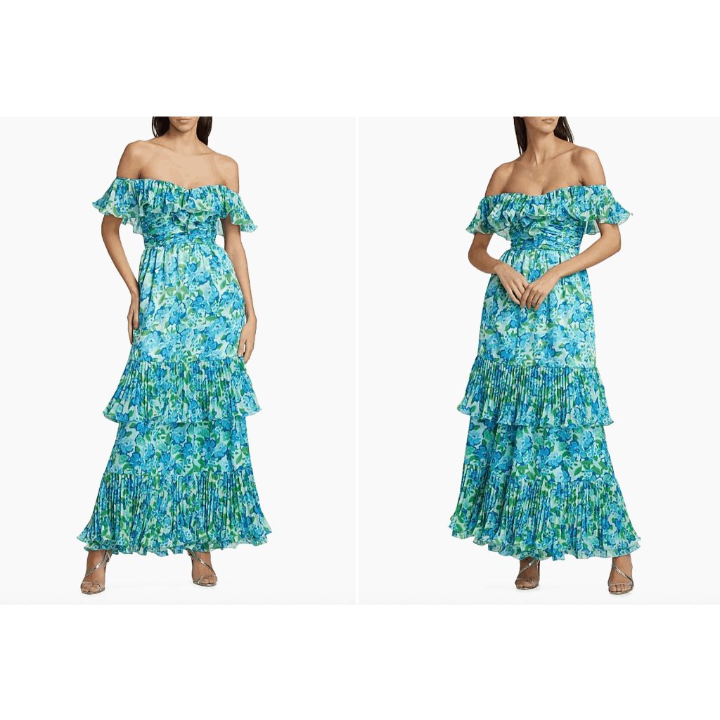 Amur Pia Floral Pleated Maxi-Dress In Garden Blues Us 4 $648
